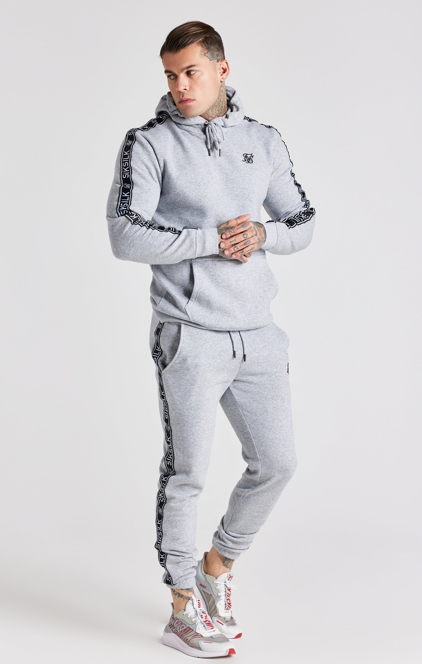 Charger l&#39;image dans la galerie, Grey Taped Hoodie And Pant Tracksuit Set (5)
